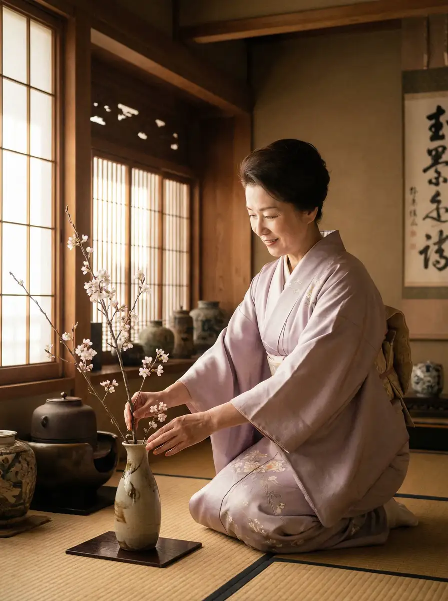 一位优雅的 草莓视频在线观看 在和室中插花